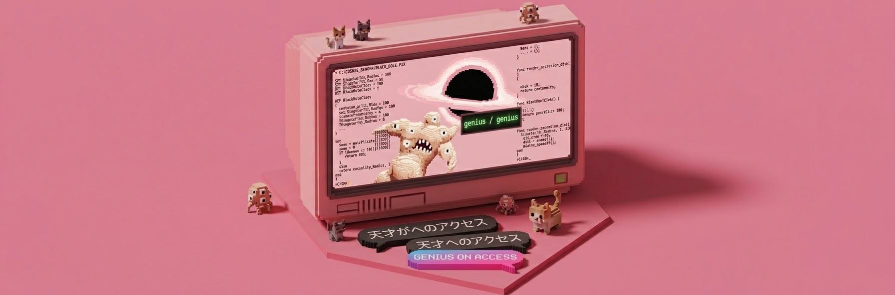 A pink voxel retro computer showing a genius / genius terminal, surrounded by tiny pixel cats and creatures, with speech bubbles reading 天才へのアクセス and Genius On Access